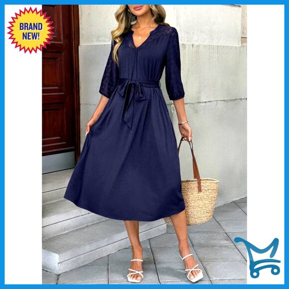 Lace V-Neck Empire Waist Midi Dress with Pockets Elegant Formal Chic Summer - Picture 3 of 6